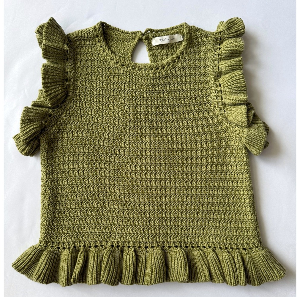 Mustard Seed Green Crochet Knit Top Womens Size Small Ruffle Boho Sleeveless
